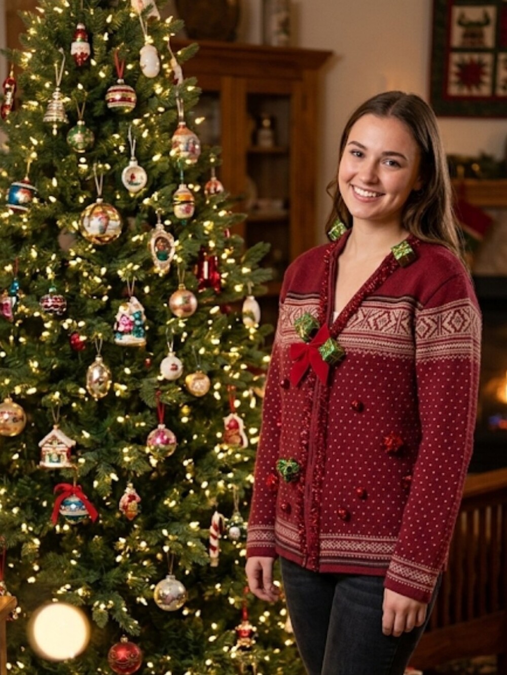 Upcycled Christmas Cardugan Red Fair Iale M-L Bows N Bells Woolrich